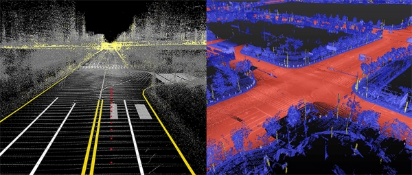 도로구조 정보 데이터와 비쥬얼 피쳐 데이터(왼쪽), 포인트클라우드 피쳐 데이터(오른쪽). 사진 네이버 제공