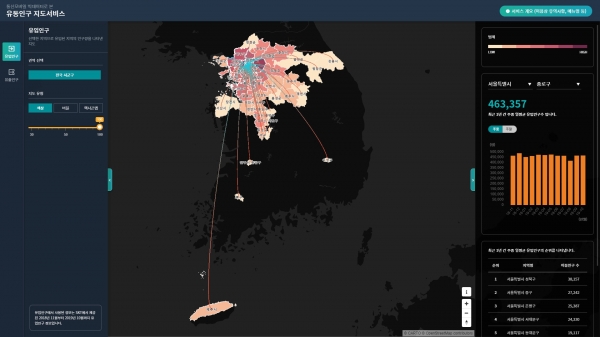 SK텔레콤과 통계청은 모바일 빅데이터 기반의 유동인구 지도 시범 서비스를 시작한다고 9일 밝혔다. 유동인구 지도는 통계청 빅데이터센터 홈페이지에서 이용할 수 있다. 사진 SK텔레콤 제공