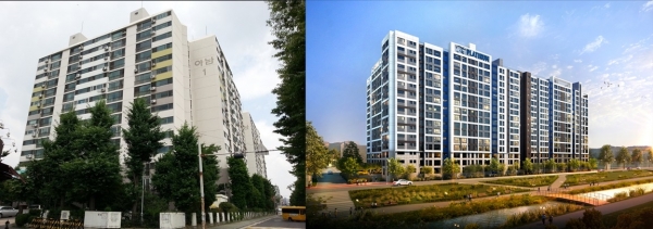 현재 오금동 아남아파트 전경(왼쪽), 리모델링될 오금 아남(쌍용 더 플래티넘) 투시도(오른쪽). 사진 쌍용건설 제공