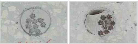 정상적으로 채워진 덕트 내부 단면(왼쪽)과 빈 공간이 발생한 덕트 내부 단면(오른쪽). 사진 롯데건설 제공 [뉴스락]