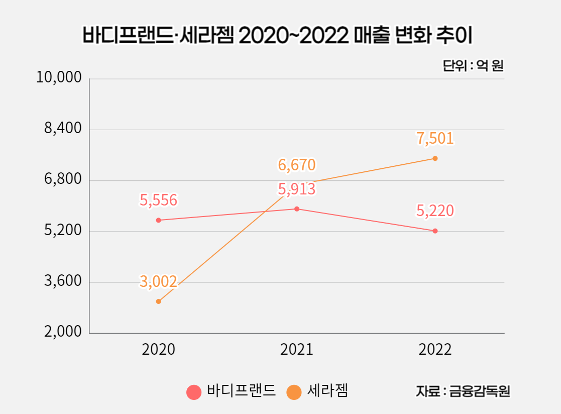 바디프랜드·세라젬 2020~2022 매출 변화 추이. 자료 금융감독원 제공 [뉴스락 편집]