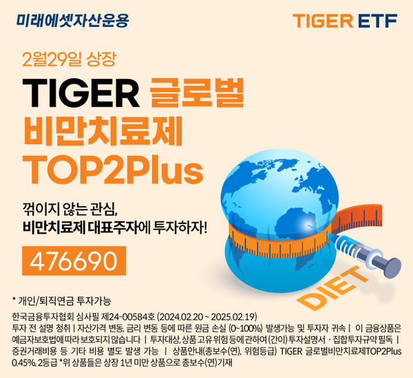 미래에셋자산운용은 한국거래소에 ‘TIGER글로벌비만치료제TOP2Plus ETF(476690)’를 신규 상장한다. 사진 미래에셋자산운용 [뉴스락]