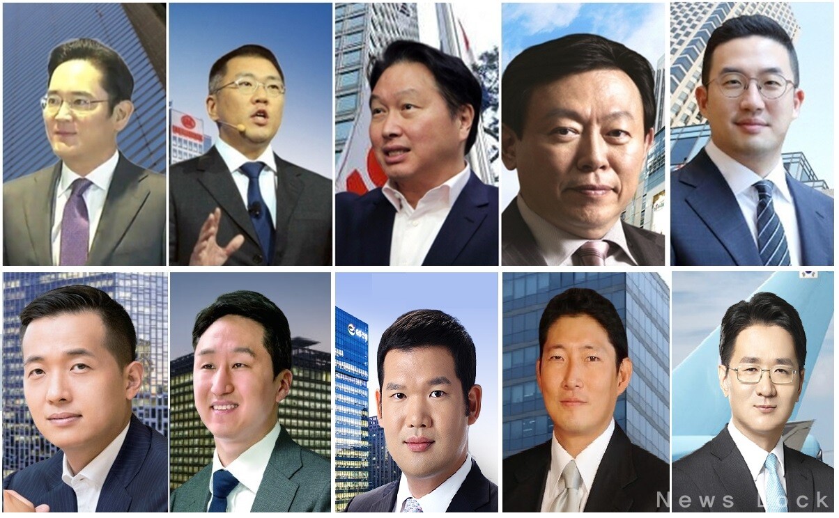 (위 왼쪽부터 시계방향) 이재용 삼성그룹 회장, 정의선 현대자동차그룹 회장, 최태원 SK그룹 회장, 신동빈 롯데그룹 회장, 구광모 LG그룹 회장, 조원태 한진그룹 회장, 조현준 효성 회장, 허윤홍 GS건설 사장, 정기선 HD현대 부회장, 