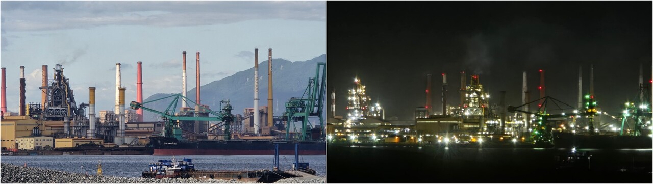 묘도에서 바라본 포스코 광양제철소 낮, 밤 전경. [뉴스락DB] 