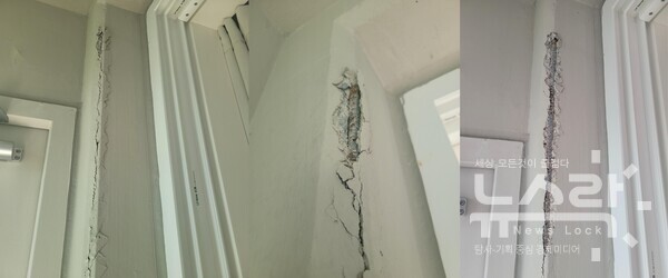 안방 베란다 벽에 금이 가기 시작했고, 이후 철근이 노출됐다. 사진=보배드림 [뉴스락]