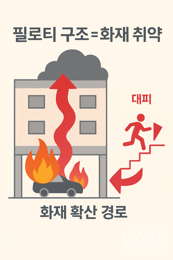 필로티 건축물은 구조상 화재에 취약하다. [챗GPT 이미지 생성]