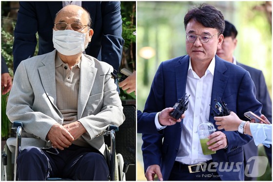 이봉관 서희건설 회장과(왼쪽) 맏사위인 박성근 전 국무총리 비서실장이 2일 서울 종로구 광화문에 마련된 김건희 특검팀 사무실에 조사를 위해 출석하고 있다.